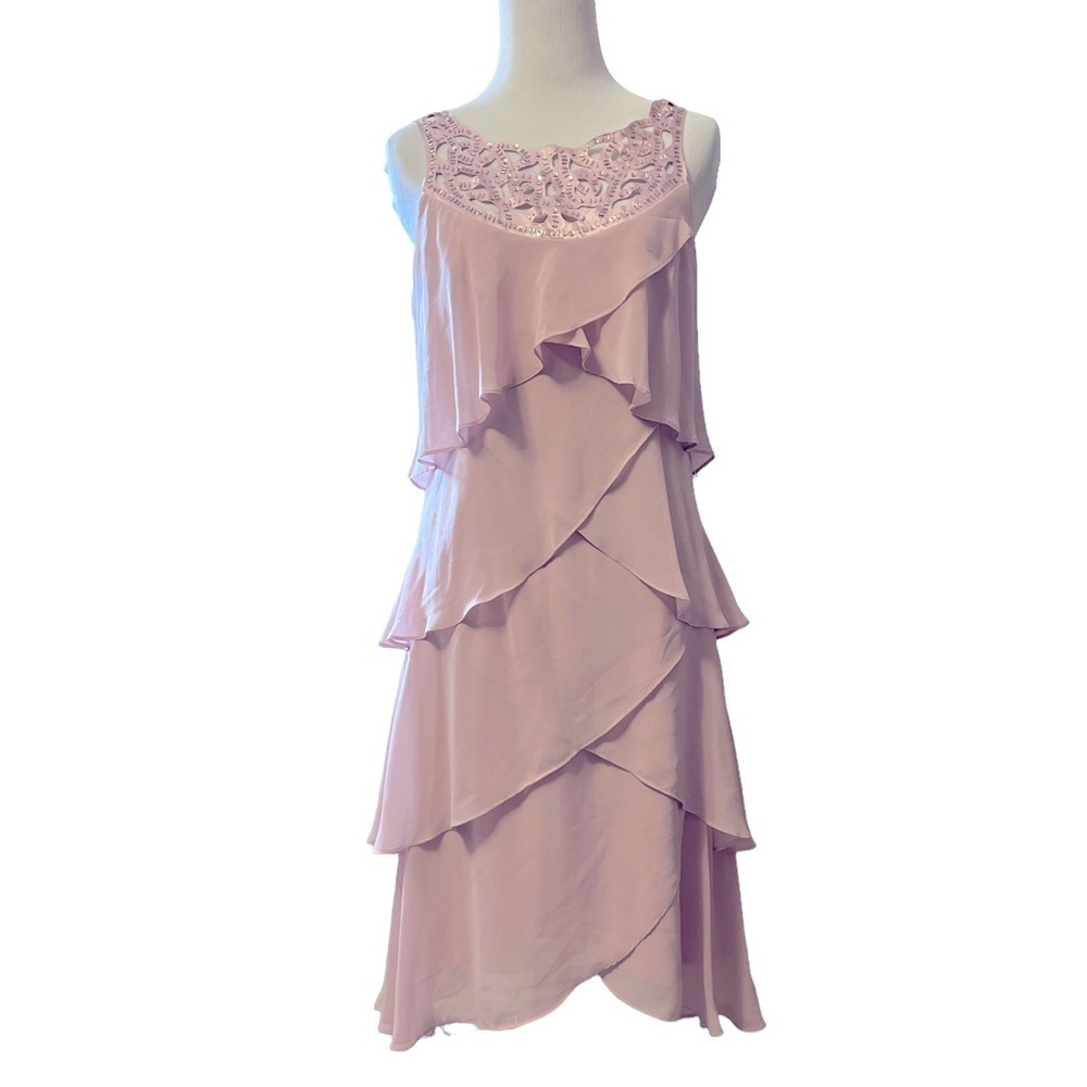 SL Fashions dusty pink waterfall dress with beaded bodice, new